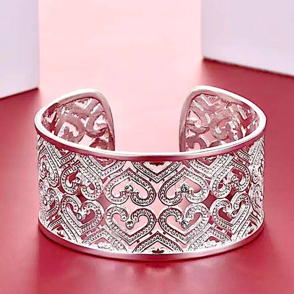 Boho Sterling Silver Zirconia Heart Wide Cuff Bangle Bracelet - Picture 4 of 9